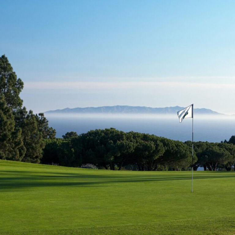 A golf green with a mountain in the background.