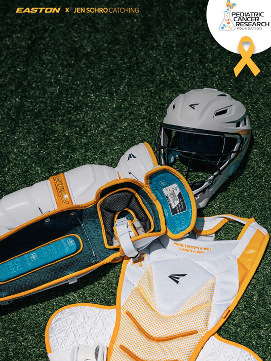 Jen Shro's Lacrosse Catching gear with a Pediatric Cancer Research Foundation Theme