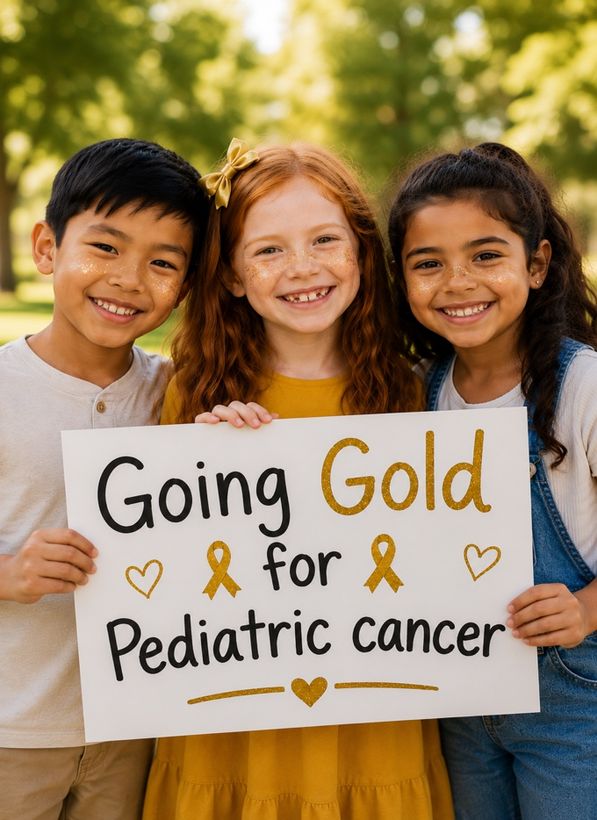 Kids holding a Going Gold for pediatric cancer sign