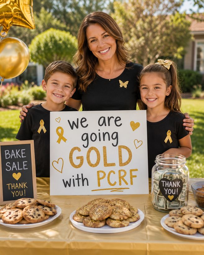A family running a Going Gold with PCRF bake sale