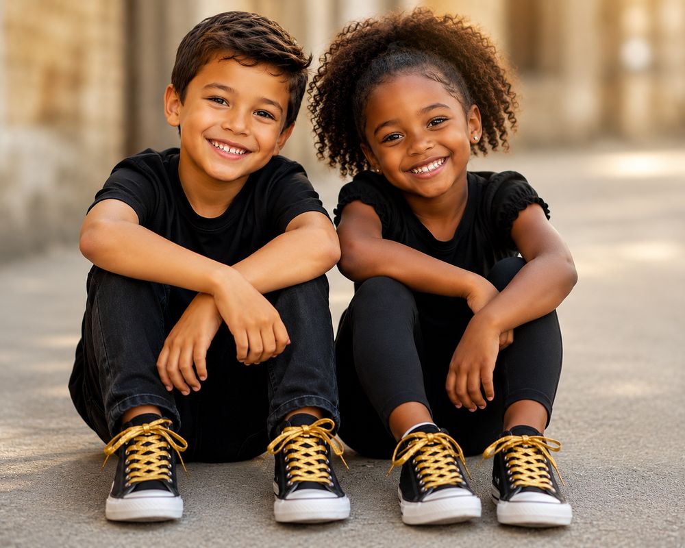 Kids wearing gold shoelaces for Going Gold with PCRF